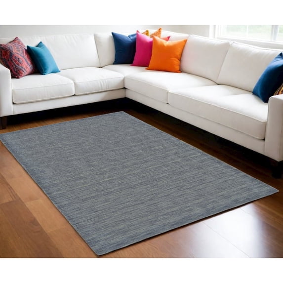 8' X 11' Gray And Blue Wool Hand Woven Stain Resistant Area Rug