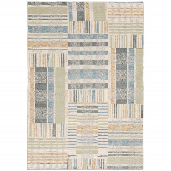 8' X 10' Green Grey And Ivory Geometric Power Loom Stain Resistant Area Rug