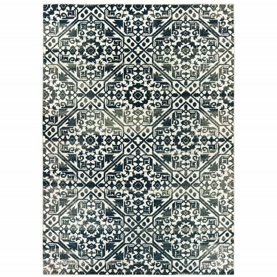 8' X 11' Navy And Ivory Geometric Power Loom Stain Resistant Area Rug