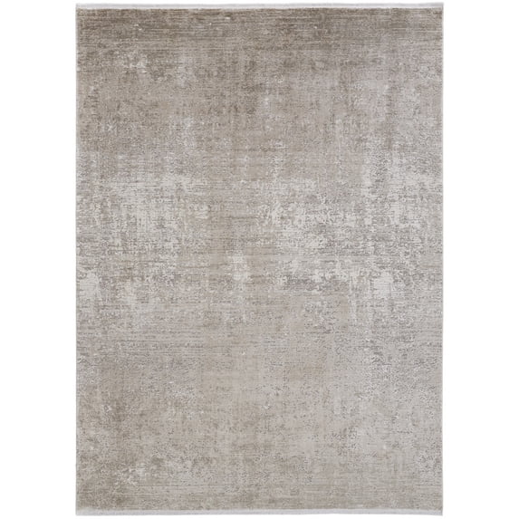 8' X 11' Tan Ivory And Gray Abstract Power Loom Distressed Area Rug With Fringe