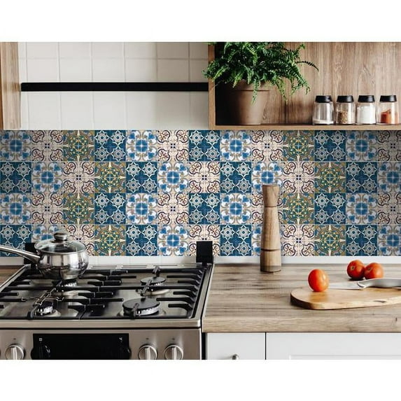 HomeRoots 8" X 8" Agean Linda Removable Peel and Stick Tiles Bluen Green