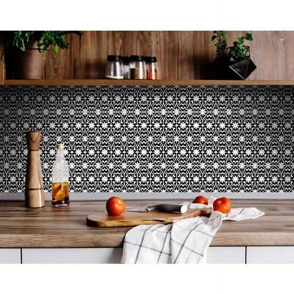 HomeRoots 8" X 8" Black and White Floral Peel and Stick Removable Tiles Black