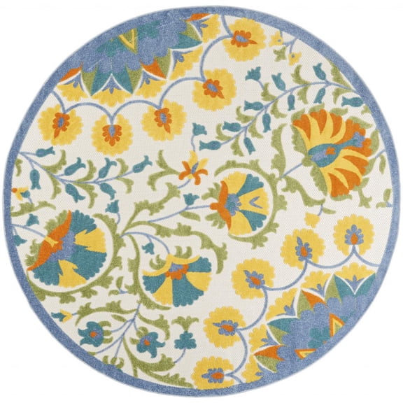 8' X 8' Blue Yellow And White Round Toile Non Skid Indoor Outdoor Area Rug