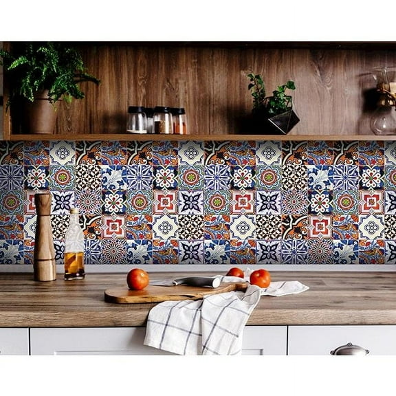 8" x 8" Blues and Reds Mosaic Peel and Stick Removable Tiles