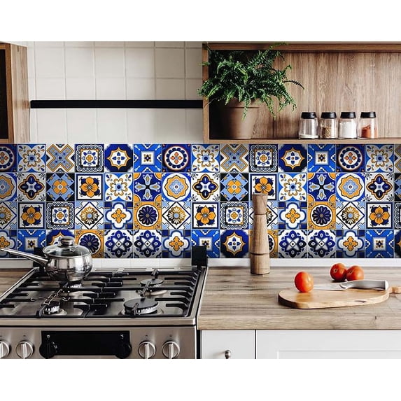 8" x 8" Shades of Blue and Yellow Mosaic Peel and Stick Removable Tiles