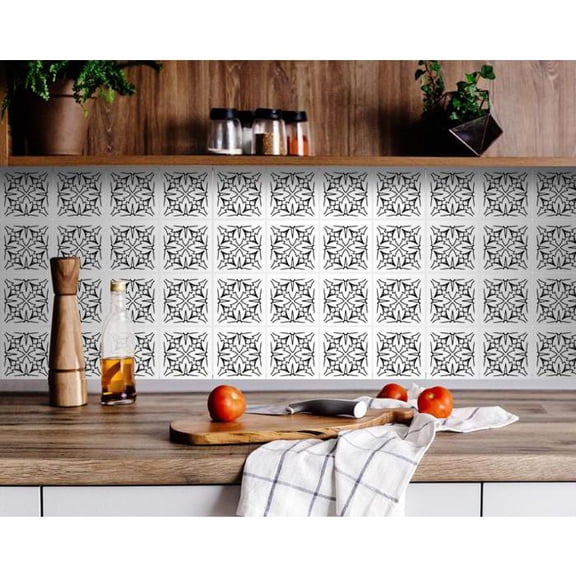 8" X 8" White and Black Cross Peel and Stick Removable Tiles