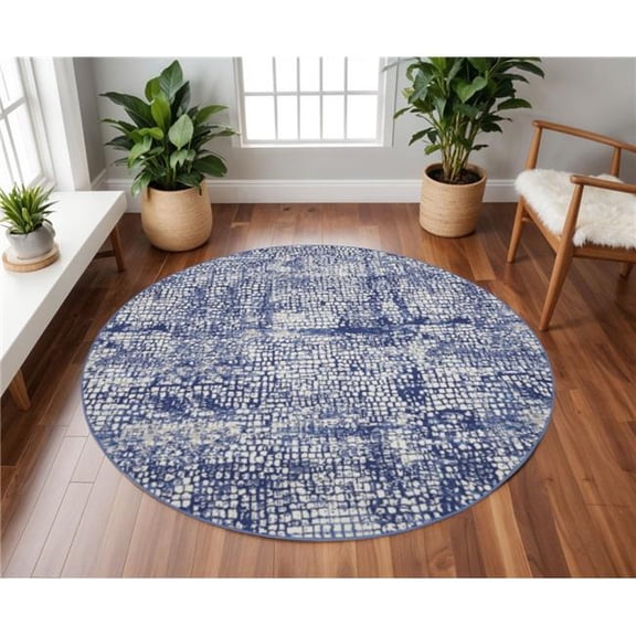 HomeRoots 552309 8 ft. Abstract Round Rug, Ivory & Navy Blue