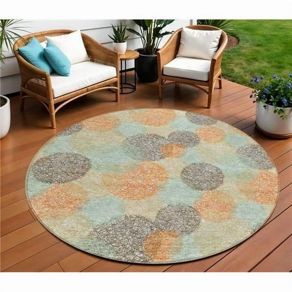 HomeRoots 614649 8 ft. Beige Aqua & Orange Round Polka Dot Washable Indoor & Outdoor Area Rug