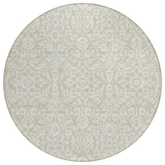 HomeRoots 595123 8 ft. Beige & Ivory Round Damask Washable Indoor & Outdoor Traditional Area Rug