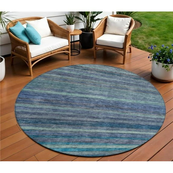 HomeRoots 615838 8 ft. Blue & Gray Round Striped Washable Indoor & Outdoor Area Rug