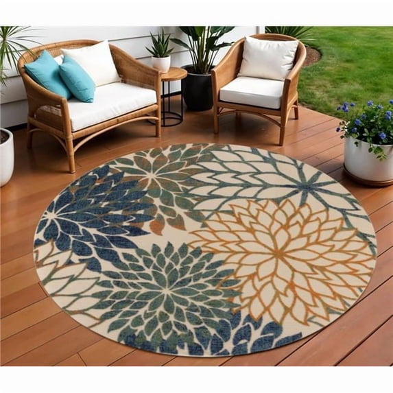 HomeRoots 548059 8 ft. Blue Green & Orange Round Floral Indoor & Outdoor Area Rug
