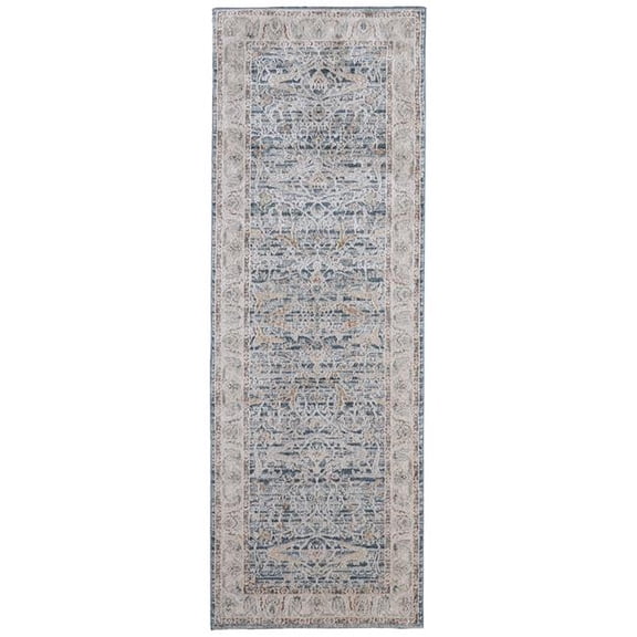 HomeRoots 617134 8 ft. Blue, Taupe & Ivory Ikat Distressed Runner Rug with Fringe