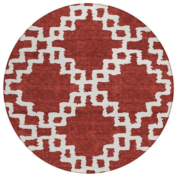 HomeRoots 593740 8 ft. Brick Red & Ivory Round Geometric Washable Indoor & Outdoor Area Rug