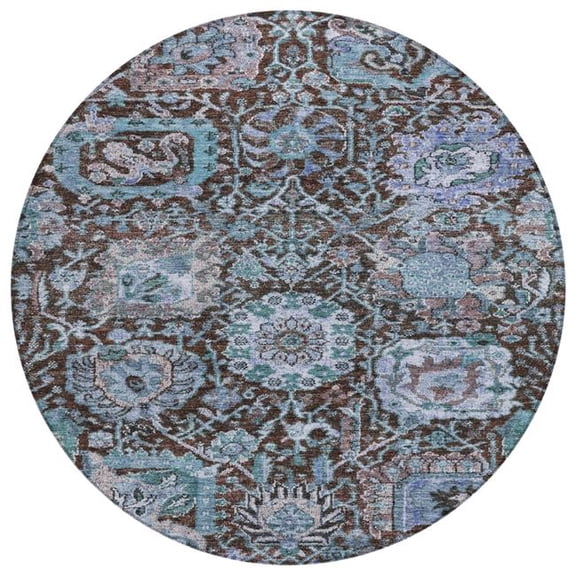 HomeRoots 603733 8 ft. Chocolate & Aqua Round Damask Washable Indoor & Outdoor Area Rug