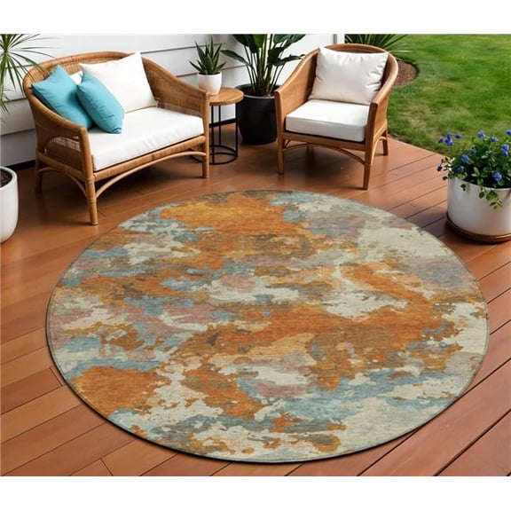 HomeRoots 609590 8 ft. Copper & Orange Round Abstract Washable Indoor & Outdoor Area Rug