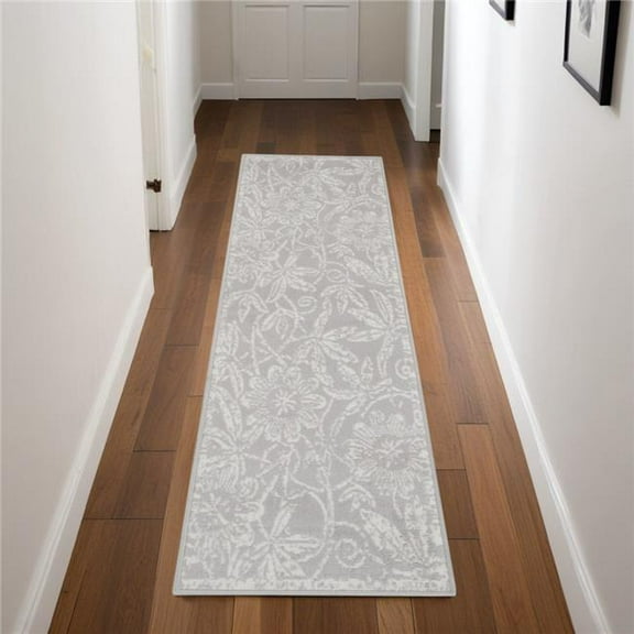 HomeRoots 550673 8 ft. Floral Distressed Non Skid Runner Rug, Gray & Ivory