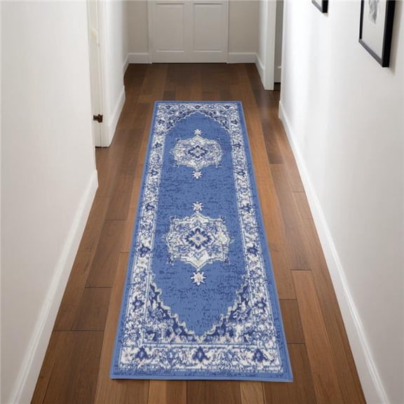 HomeRoots 550708 8 ft. Floral Medallion Distressed Non Skid Runner Rug, Ivory, Navy Blue & Beige
