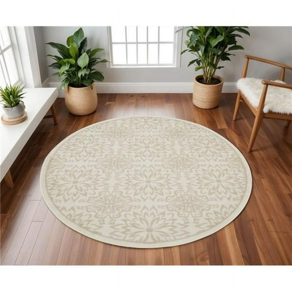 HomeRoots 564129 8 ft. Floral Non Skid Round Rug, Beige & Ivory