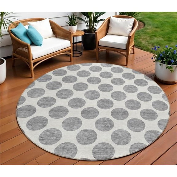 HomeRoots 614901 8 ft. Gray & Ivory Round Polka Dot Washable Indoor & Outdoor Area Rug
