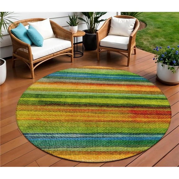 HomeRoots 631211 8 ft. Green Teal Blue & Copper Round Striped Washable Indoor & Outdoor Area Rug