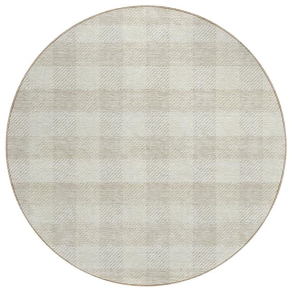 HomeRoots 595489 8 ft. Ivory & Beige Round Plaid Washable Indoor & Outdoor Area Rug