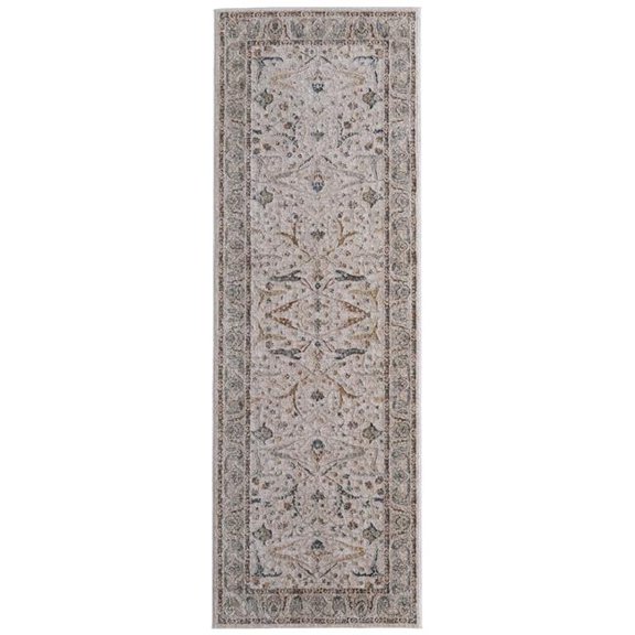 HomeRoots 617137 8 ft. Ivory, Blue & Red Ikat Distressed Runner Rug with Fringe
