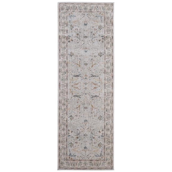 HomeRoots 617146 8 ft. Ivory, Blue & Taupe Ikat Distressed Runner Rug with Fringe
