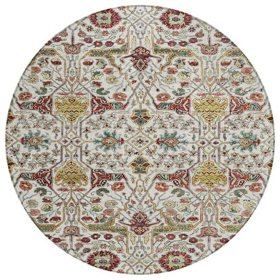 HomeRoots 604649 8 ft. Ivory, Red & Green Round Floral Washable Indoor & Outdoor Area Rug