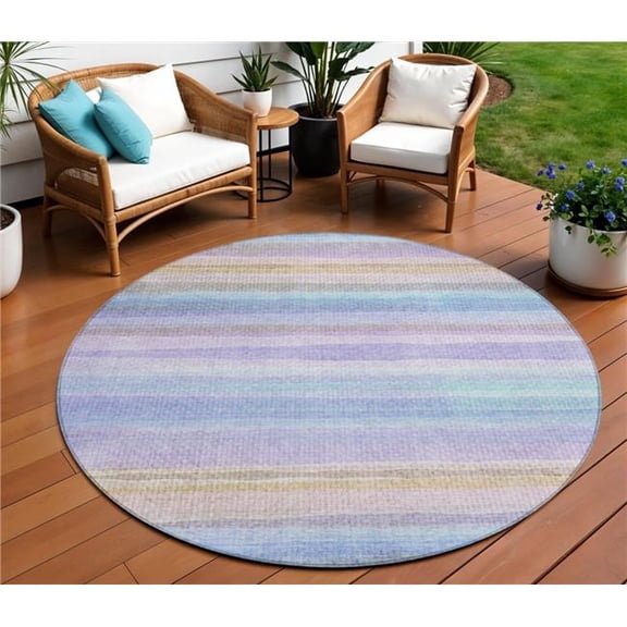 HomeRoots 631217 8 ft. Lavender Sky Blue & Beige Round Striped Washable Indoor & Outdoor Area Rug