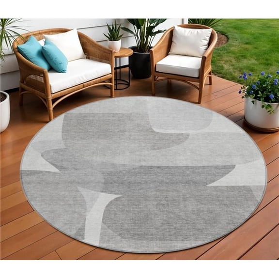 HomeRoots 632163 8 ft. Linen & Gray Round Abstract Washable Indoor & Outdoor Area Rug