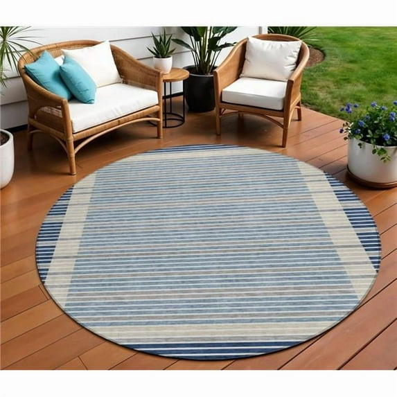 HomeRoots 610488 8 ft. Navy Blue & Denim Blue Round Striped Washable Indoor & Outdoor Area Rug
