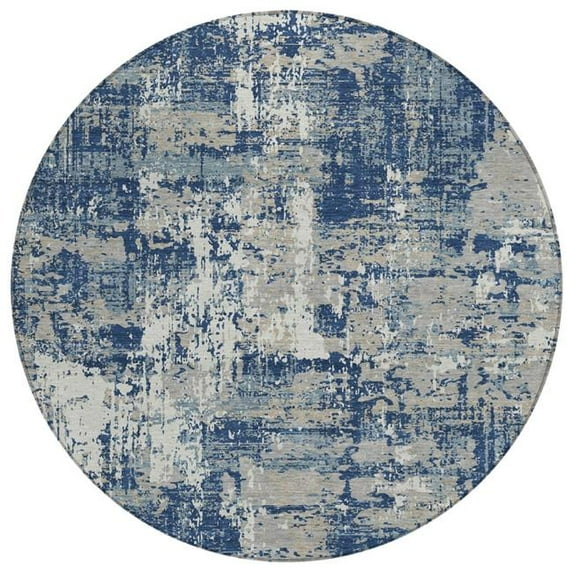HomeRoots 597988 8 ft. Navy Blue, Gray & Ivory Round Abstract Washable Indoor & Outdoor Area Rug