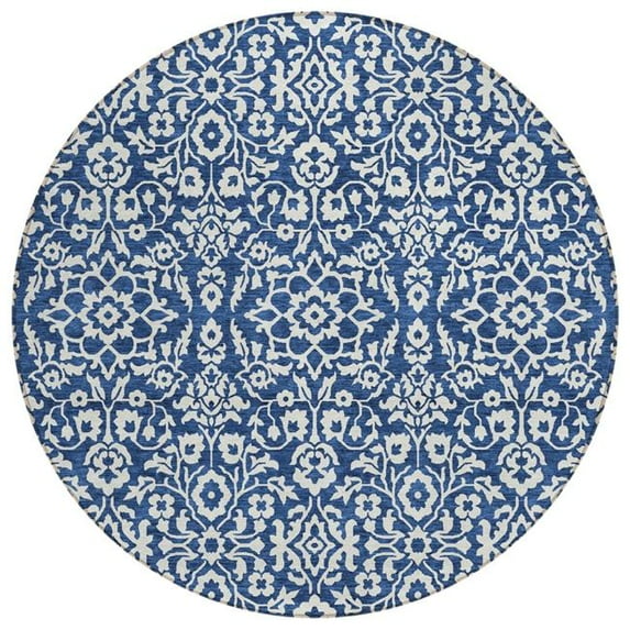 HomeRoots 595171 8 ft. Navy Blue & Ivory Round Damask Washable Indoor & Outdoor Traditional Area Rug