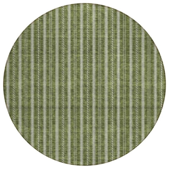 HomeRoots 595885 8 ft. Olive Green & Ivory Round Striped Washable Indoor & Outdoor Area Rug