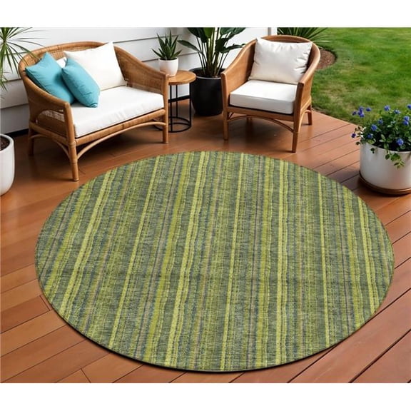 HomeRoots 615063 8 ft. Olive Green & Lime Green Round Striped Washable Indoor & Outdoor Area Rug