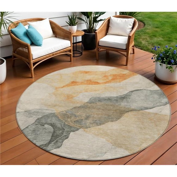 HomeRoots 631841 8 ft. Orange & Gray Round Abstract Washable Indoor & Outdoor Area Rug