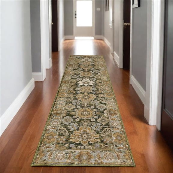 HomeRoots 576116 8 ft. Oriental Runner Rug - Green & Gold
