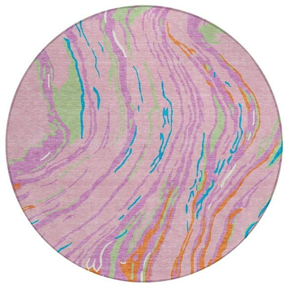 HomeRoots 600248 8 ft. Pink, Green & Teal Blue Round Abstract Washable Indoor & Outdoor Area Rug