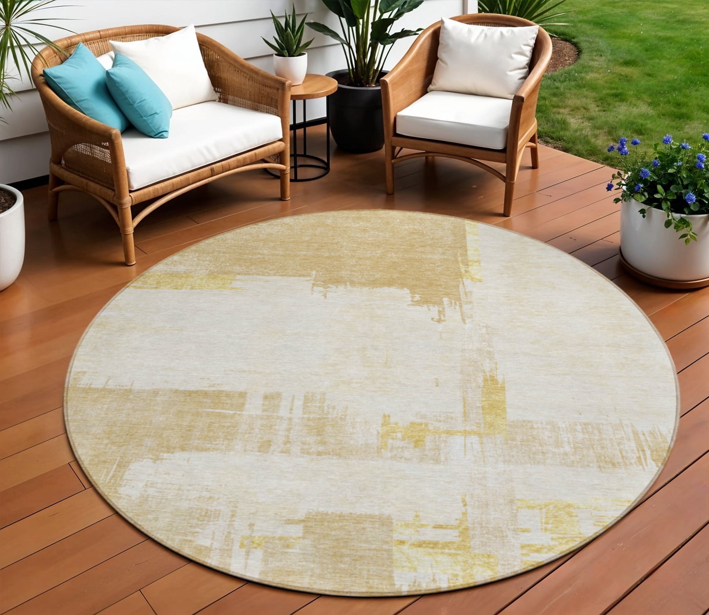 Tan Round Rug 8' Beige Gold And Tan Round Abstract Washable Indoor Outdoor Area Rug ...