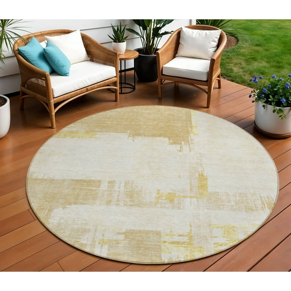 8' Beige Gold And Tan Round Abstract Washable Indoor Outdoor Area Rug