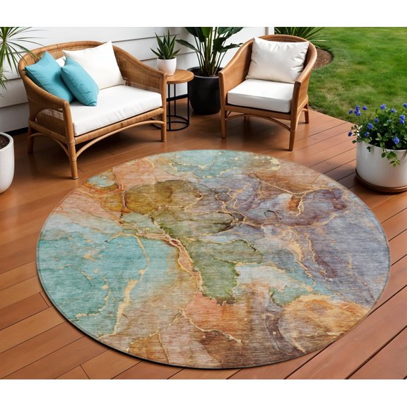 8' Copper Orange And Teal Blue Round Abstract Washable Indoor Outdoor Area Rug