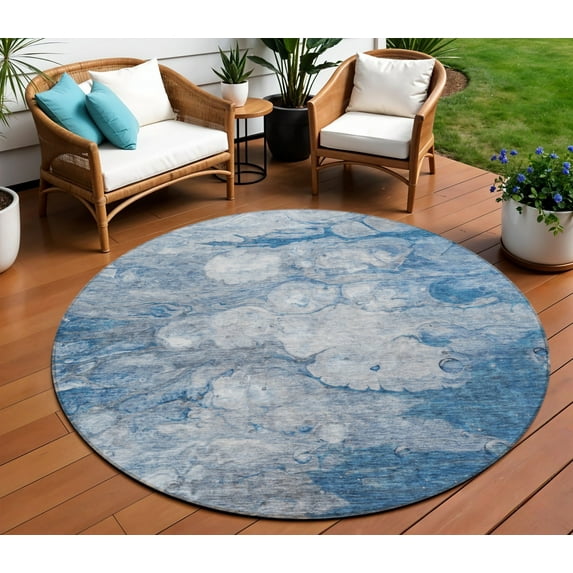 8' Denim Blue And Sky Blue Round Abstract Washable Indoor Outdoor Area Rug