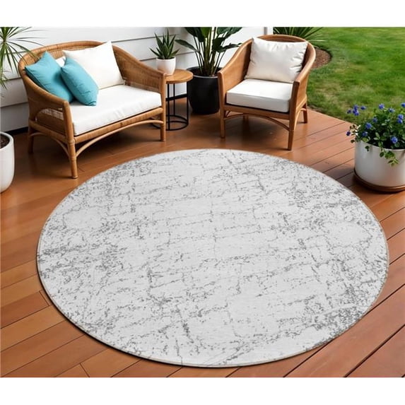 HomeRoots 578078 8 ft. Round Abstract Washable Indoor & Outdoor Area Rug, Gray & Ivory