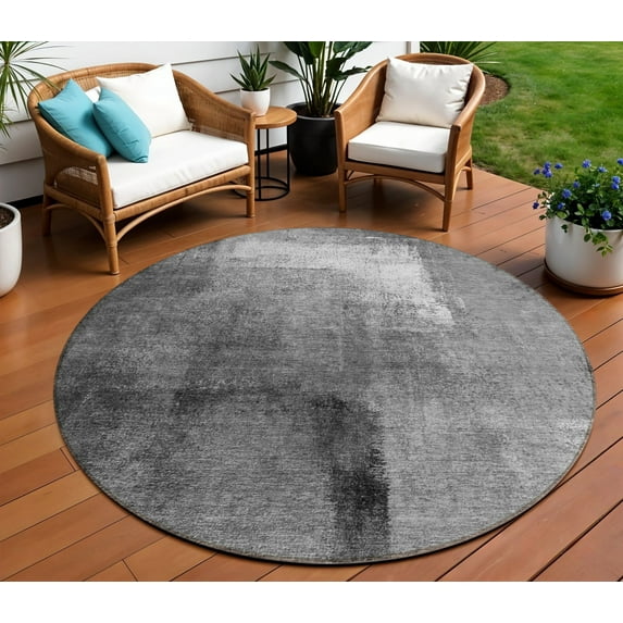HomeRoots 586932 8 ft. Round Abstract Washable Indoor & Outdoor Area Rug, Gray, Silver & Charcoal