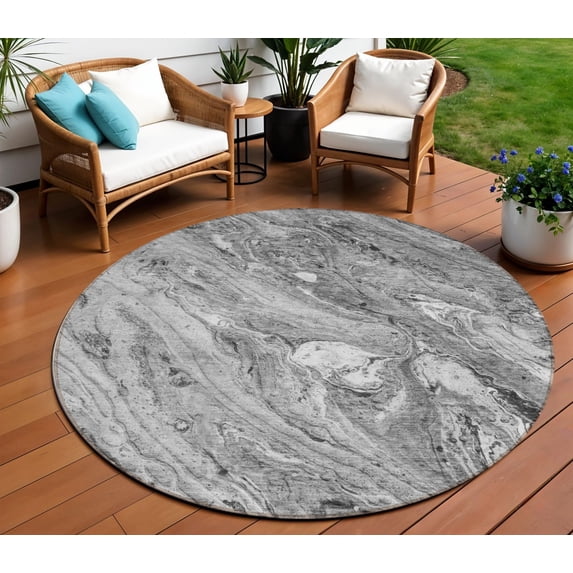 HomeRoots 579687 8 ft. Round Abstract Washable Indoor & Outdoor Area Rug, Gray, Silver & Charcoal