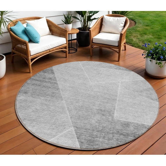 HomeRoots 586608 8 ft. Round Abstract Washable Indoor & Outdoor Area Rug, Gray, Silver & Charcoal