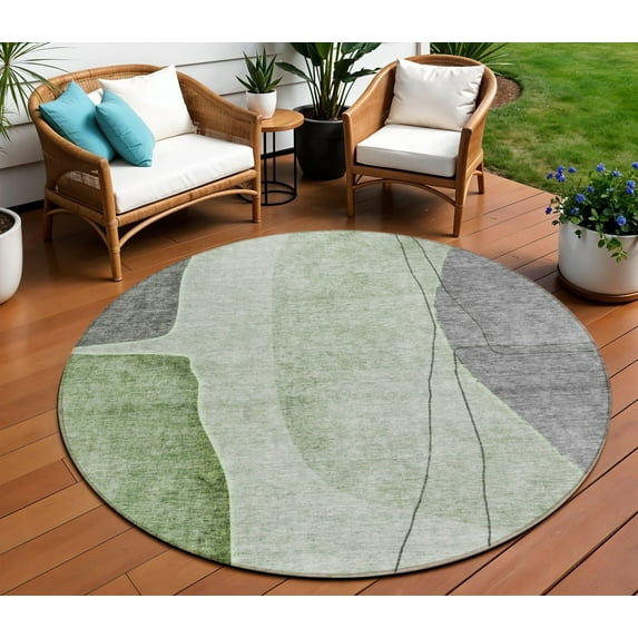 8' Olive Green And Gray Round Abstract Washable Indoor Outdoor Area Rug