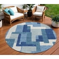 thumbnail image 1 of 8' Navy Blue And Sky Blue Round Abstract Washable Indoor Outdoor Area Rug, 1 of 5