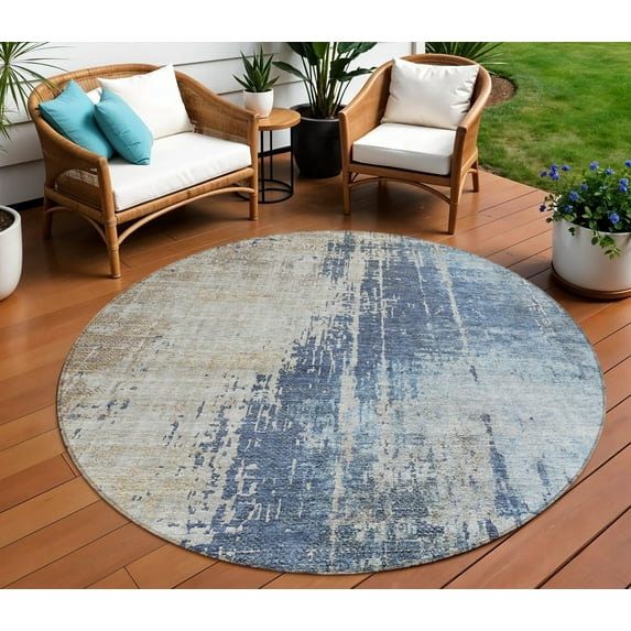 8' Navy Blue And Taupe Round Abstract Washable Indoor Outdoor Area Rug