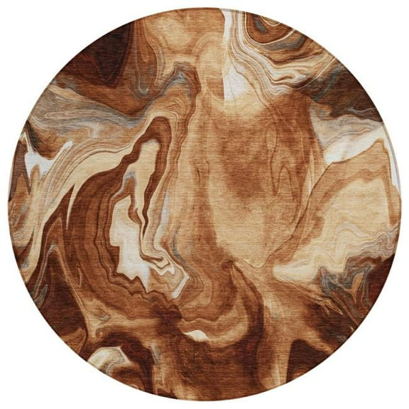 HomeRoots 587484 8 ft. Round Abstract Washable Indoor & Outdoor Area Rug, Orange, Copper & Ivory